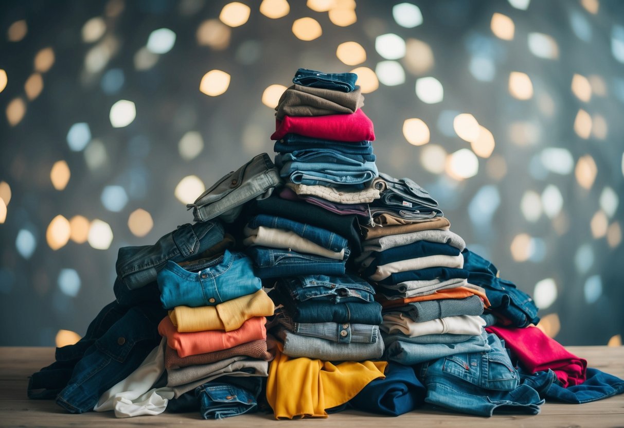 A pile of old, worn-out garments being transformed into stylish, trendy outfits through various sustainable fashion techniques