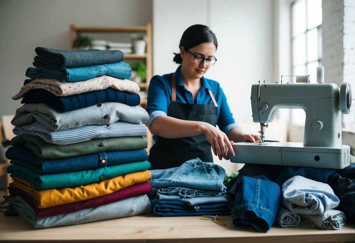 A pile of worn garments sorted by fabric type, with a seamstress transforming them into stylish outfits using sustainable techniques