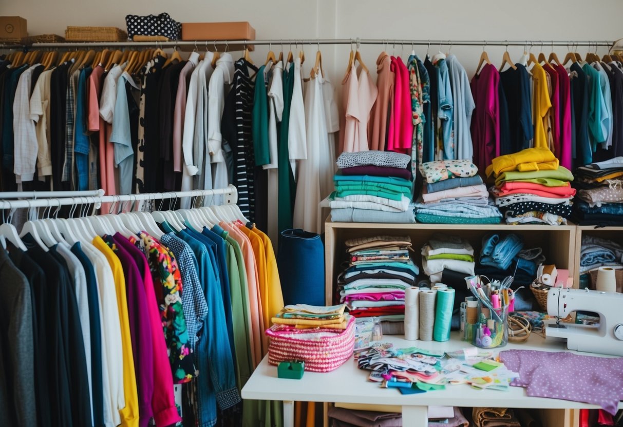 A colorful array of secondhand clothes and accessories arranged on racks and shelves, with sewing supplies and fabric scraps nearby for DIY projects
