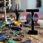 A table scattered with jewelry-making tools and materials, including beads, wire, pliers, and colorful feathers. A pair of finished statement earrings sits on a display stand