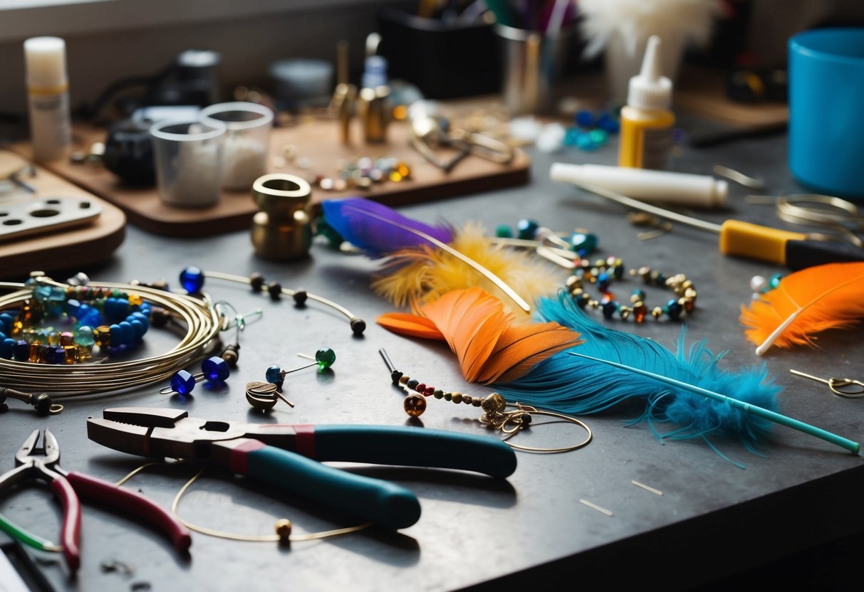 A worktable cluttered with jewelry-making tools, beads, wires, and colorful feathers. A pair of statement earrings in progress, with pliers and glue nearby