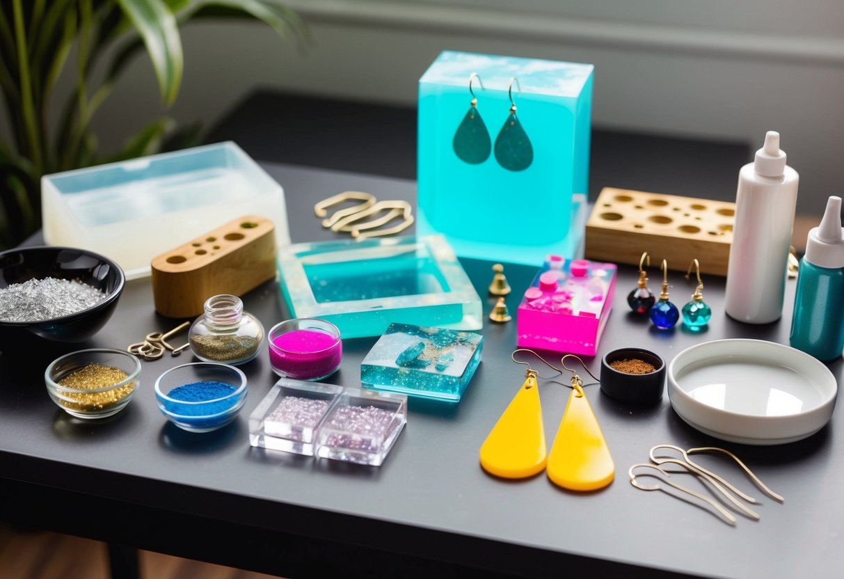 A table with various tools and materials for making resin statement earrings, including molds, resin, pigments, glitter, and earring hooks