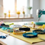 A table with various headbands, beads, and fabric in a bright, organized workspace. Tools such as scissors, glue, and a sewing machine are nearby