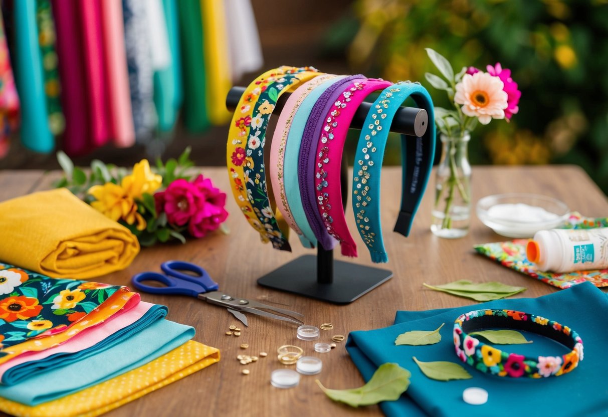 A table with colorful fabrics, scissors, glue, and embellishments. A variety of headbands displayed on a stand. Seasonal elements like flowers and leaves scattered around