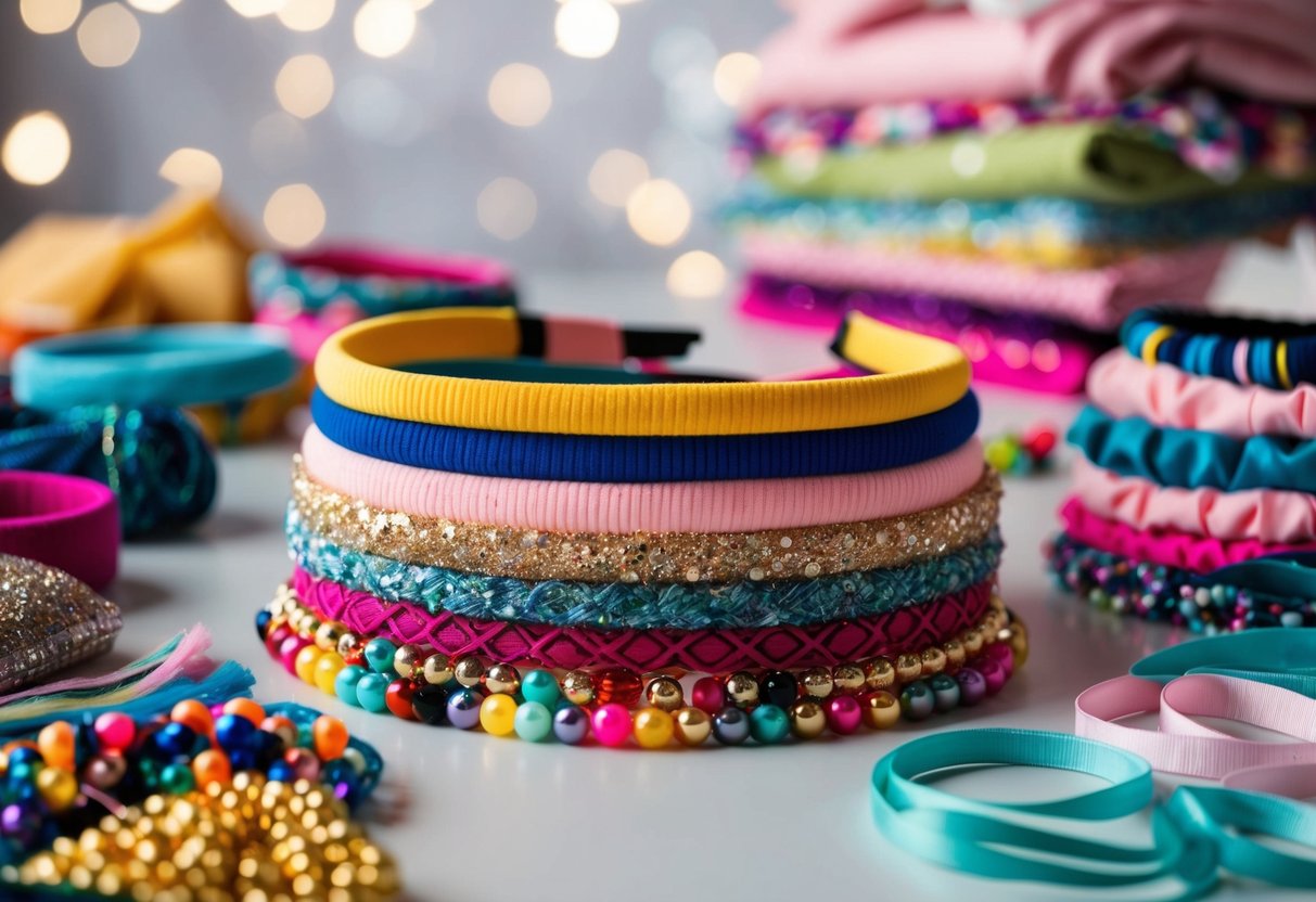 A colorful array of headbands arranged on a table, surrounded by various crafting materials such as fabric, beads, and ribbons