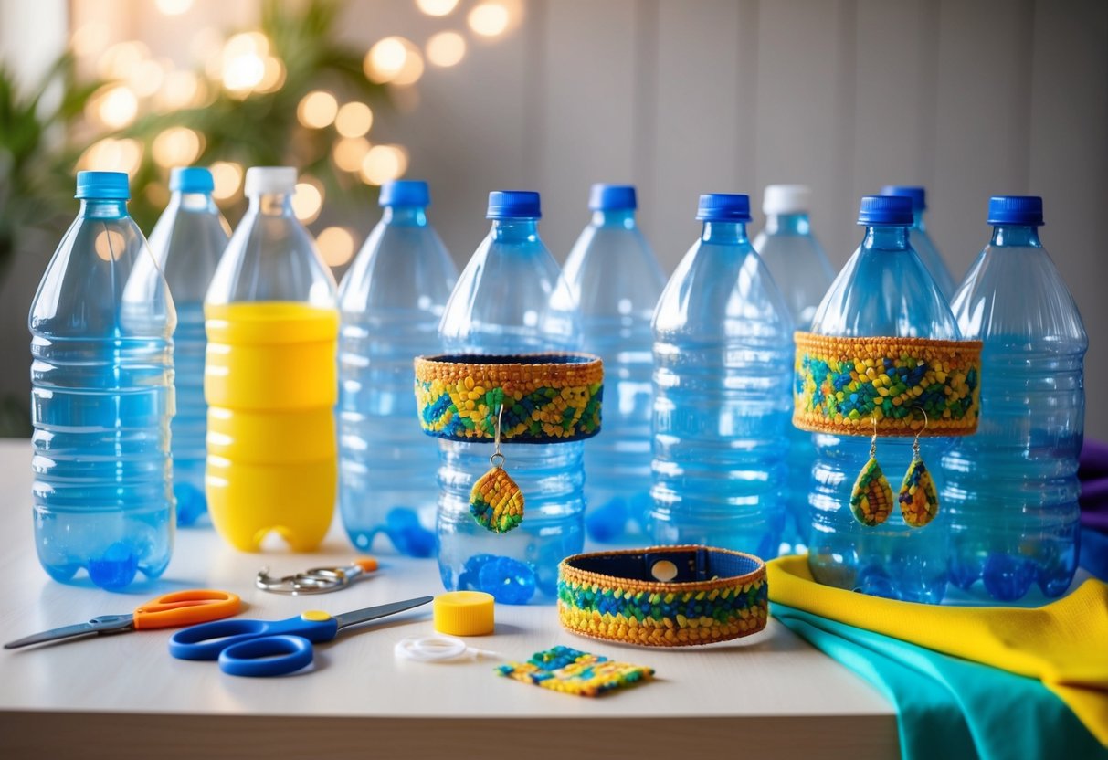 Empty plastic bottles arranged on a table, surrounded by scissors, glue, and colorful fabric. A pair of earrings and a bracelet made from recycled bottles on display