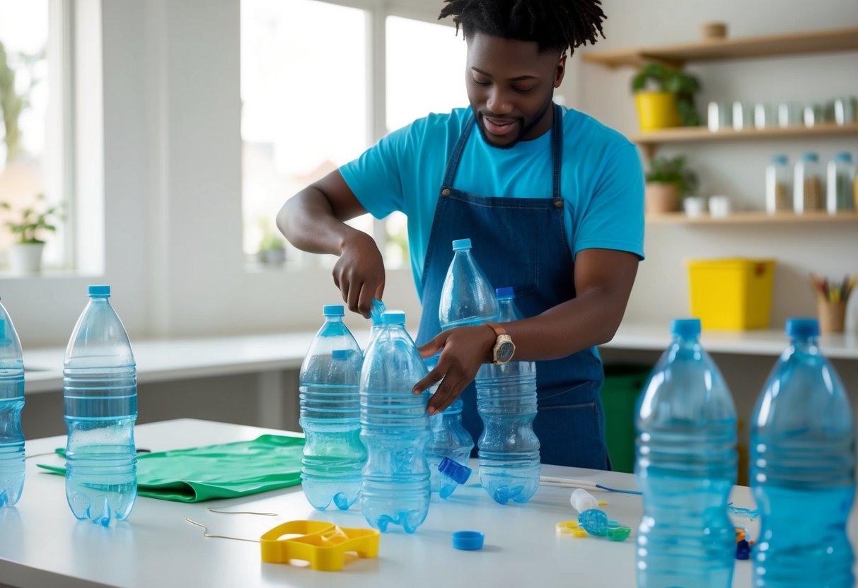 Empty plastic bottles being cut, shaped, and transformed into stylish clothing and accessories by a creative individual in a bright, eco-friendly workspace