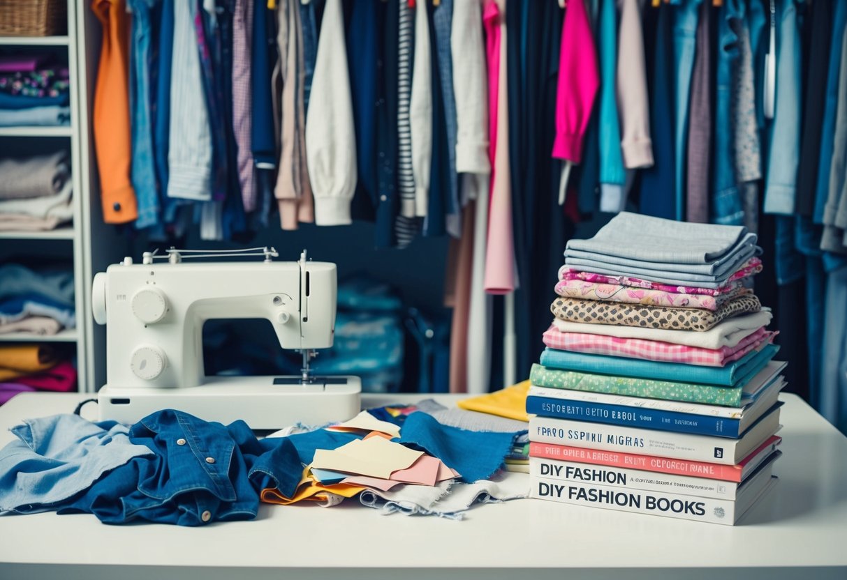 A cluttered closet with clothes spilling out, a sewing machine and fabric scraps on a table, and a stack of DIY fashion books