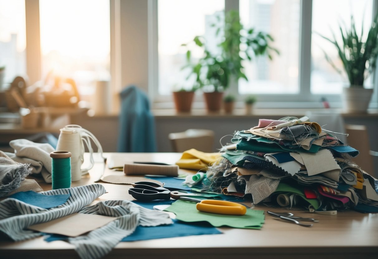A work table with fabric scraps, sewing tools, and a pile of recycled materials for creating a sustainable wardrobe