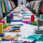 A cluttered runway with fabric swatches, sewing machines, and design sketches scattered across a table, surrounded by vibrant bolts of fabric and spools of thread
