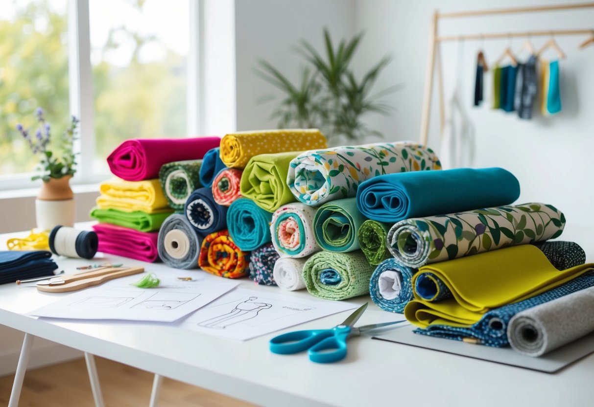 A colorful array of upcycled fabrics and eco-friendly materials, alongside sewing tools and fashion sketches, on a bright, modern workspace