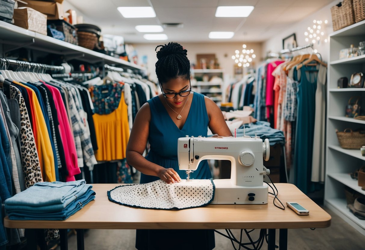 A cluttered thrift store with racks of clothing and shelves of home goods. A seamstress at a sewing machine transforms a runway dress into a unique home decor piece
