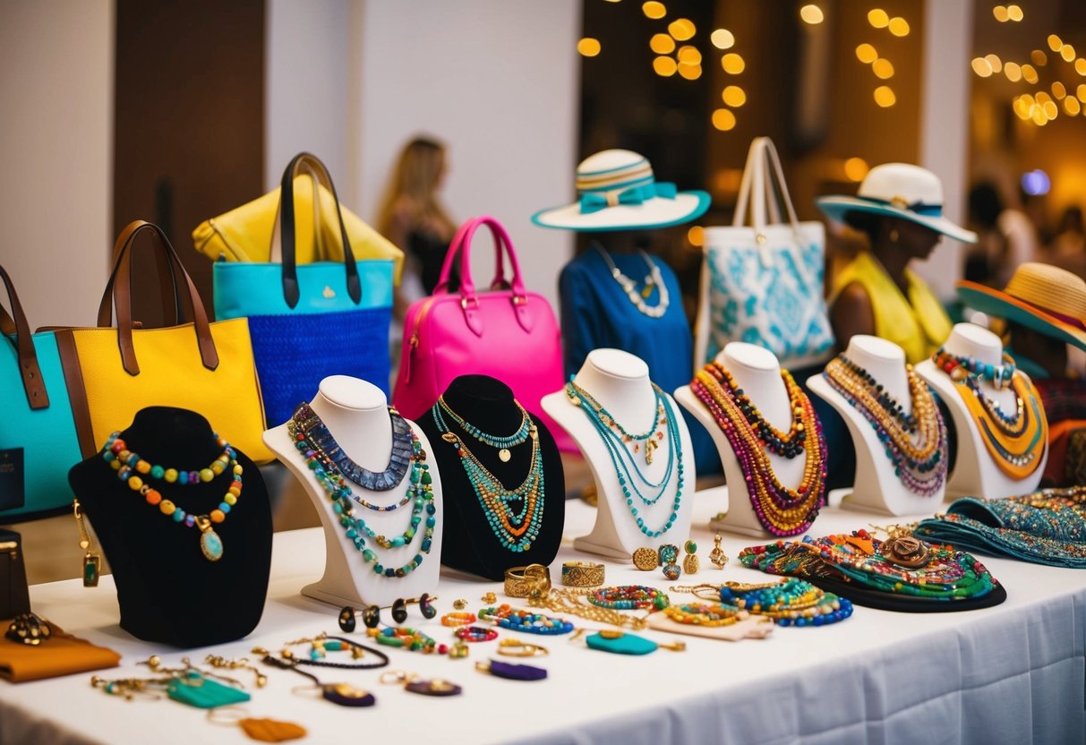 A colorful array of handmade accessories displayed on a table, including unique jewelry, hand-painted bags, and custom-designed hats, showcasing the essence of DIY fashion