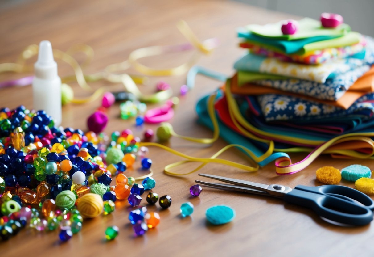 A table scattered with colorful beads, ribbons, and fabric swatches. A pair of scissors and glue sit next to a pile of handmade accessories
