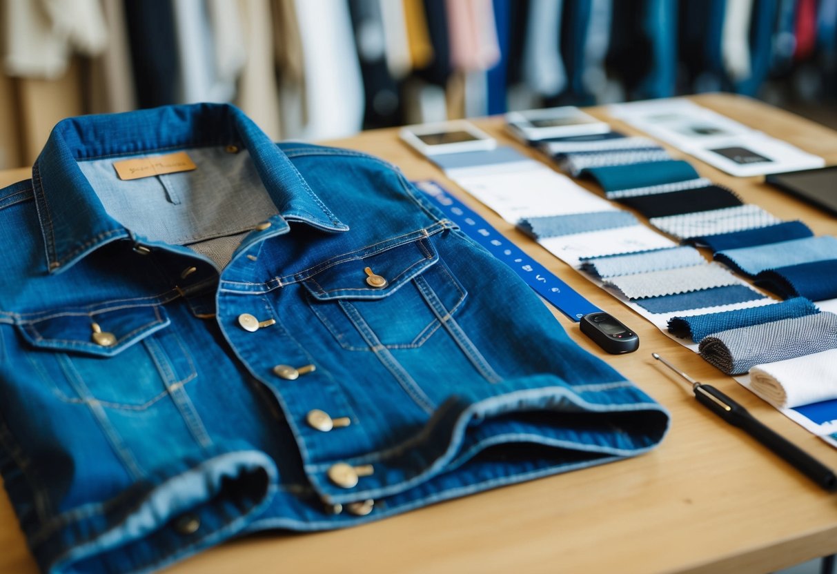 A table with denim jackets, fabric swatches, and design tools arranged for customization