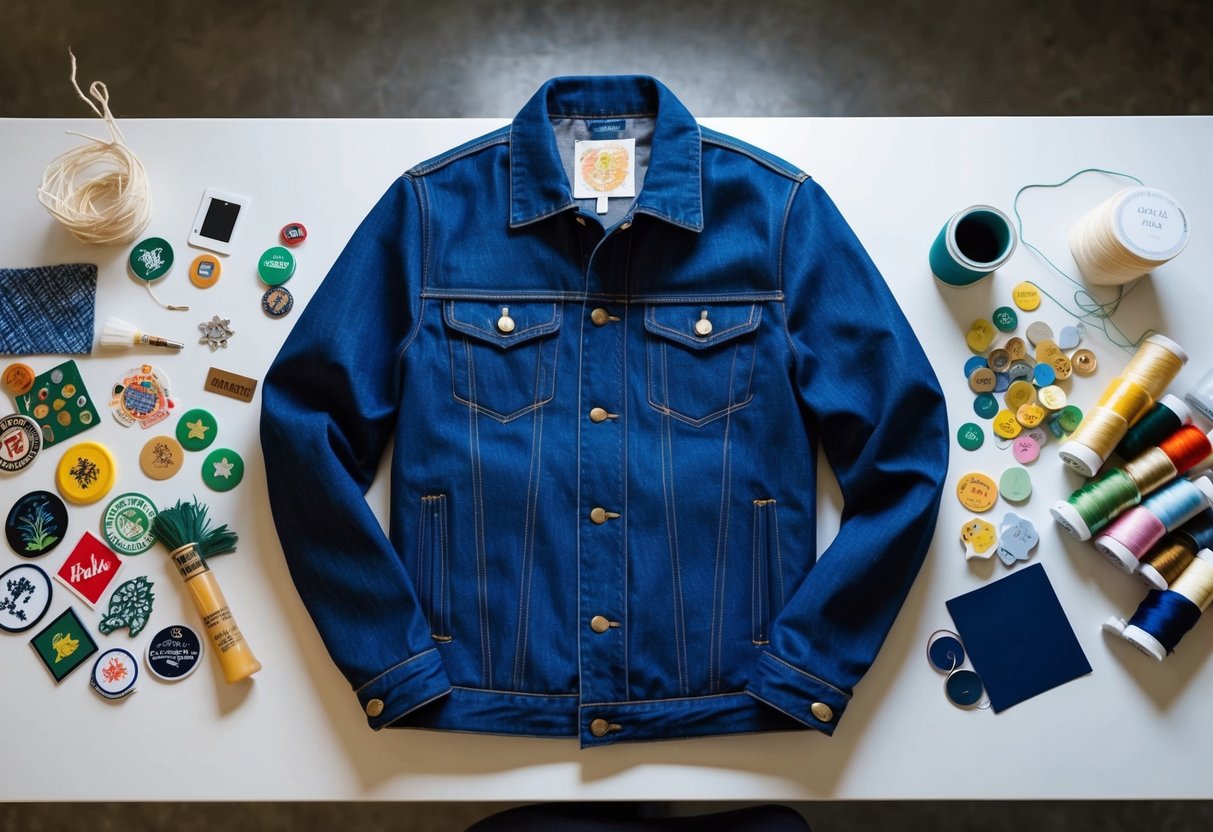 A denim jacket laid flat on a table, surrounded by various crafting supplies such as patches, fabric paint, and embroidery thread