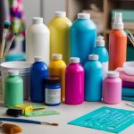 Vibrant fabric dyes in various bottles and containers arranged on a work table alongside brushes, stencils, and a blank fabric canvas ready for creative DIY patterns