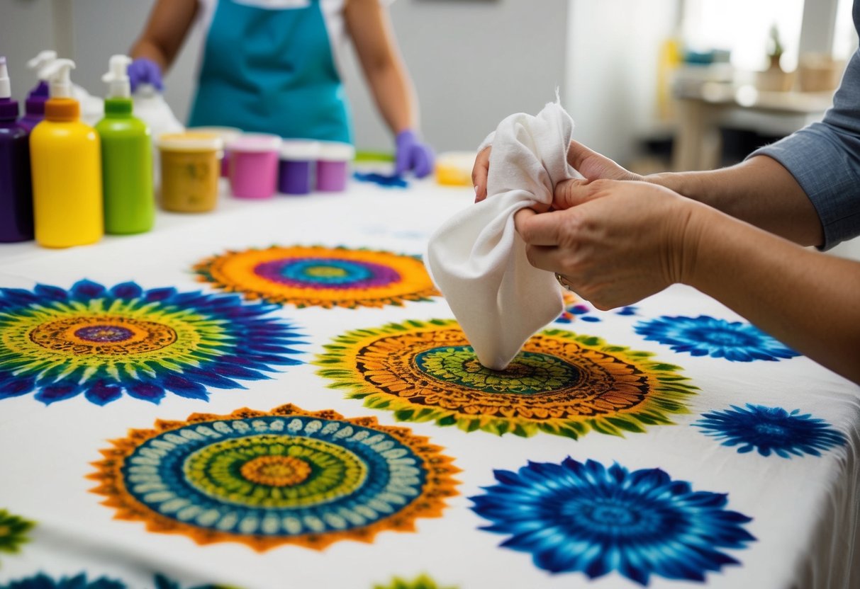 Vibrant fabric dyes being carefully applied to a white cotton canvas, creating intricate and colorful patterns through various techniques