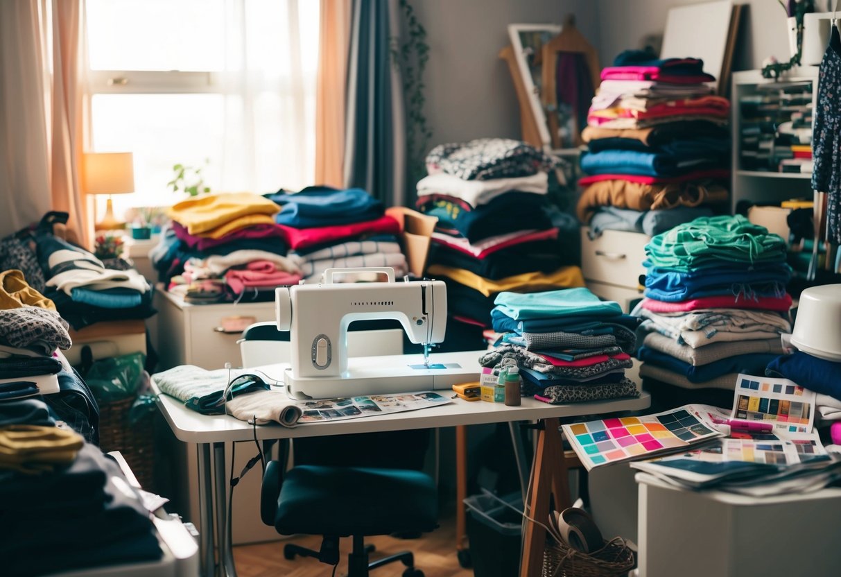 A cluttered room with piles of clothes, sewing supplies, and thrifted items. A sewing machine sits on a table, surrounded by fabric swatches and fashion magazines