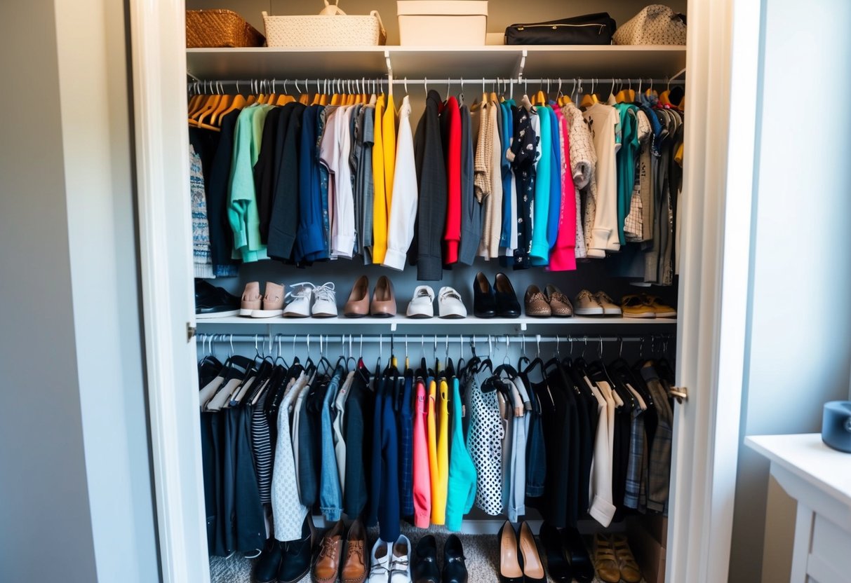 A small closet packed with neatly organized clothing, shoes, and accessories. A mix of store-bought and DIY storage solutions maximize space