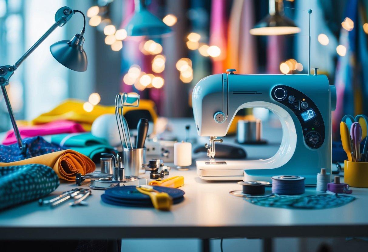 A futuristic workspace with a mix of traditional sewing tools and high-tech gadgets, surrounded by colorful fabrics and innovative designs