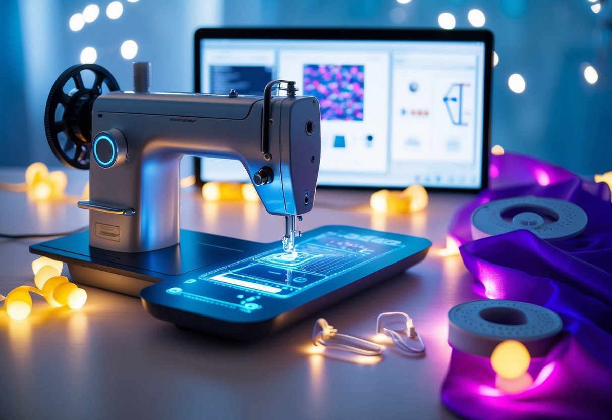 A futuristic sewing machine merging with a holographic design program, surrounded by glowing LED fabric and 3D printed accessories