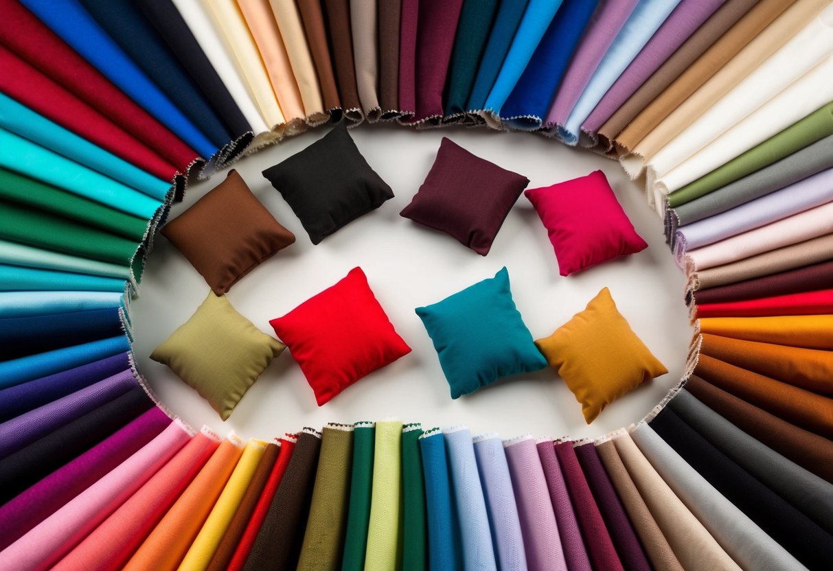 A diverse array of fabric swatches in various shades and tones, arranged in a visually appealing color palette