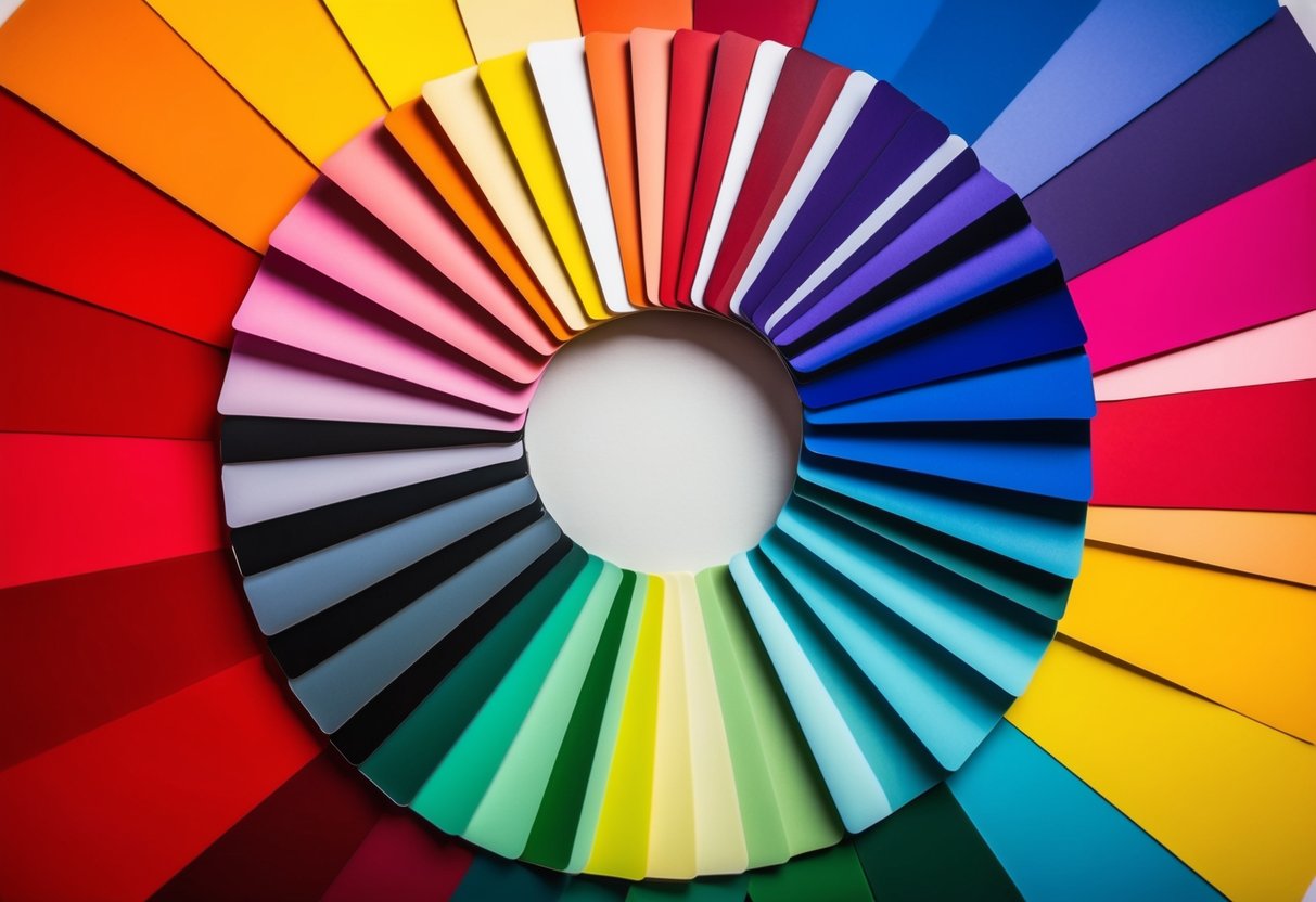A vibrant palette of primary colors arranged in a circular pattern, including bold red, bright yellow, and deep blue, with various shades and tints