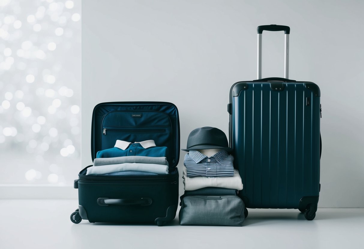 A neatly organized suitcase with versatile clothing and travel accessories laid out on a clean, minimalist background