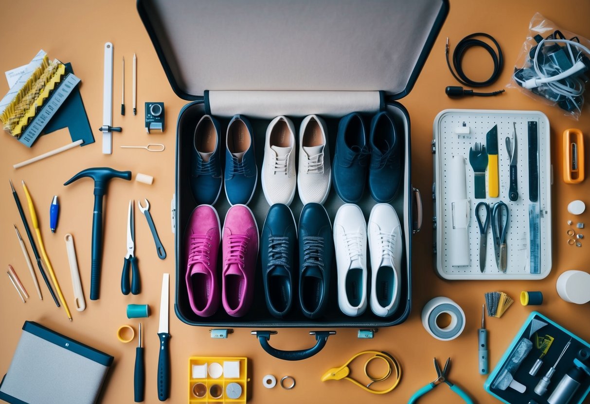 A suitcase open with various types of footwear arranged neatly, surrounded by DIY crafting materials and tools